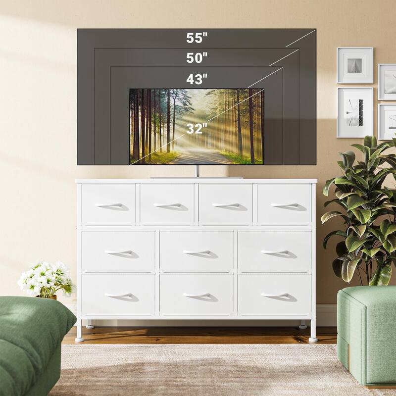 10 Drawer Dresser Fabric 43.3" TV Stand Power Outlet Chest of Drawers