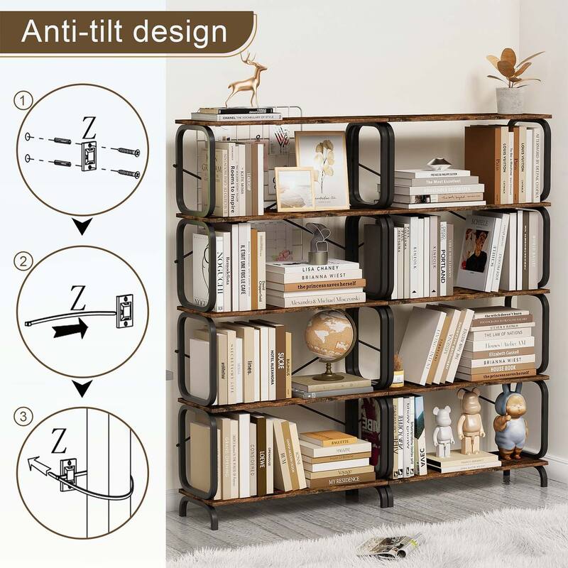 Rustic Tall Bookcase with Open Wood & Metal Design