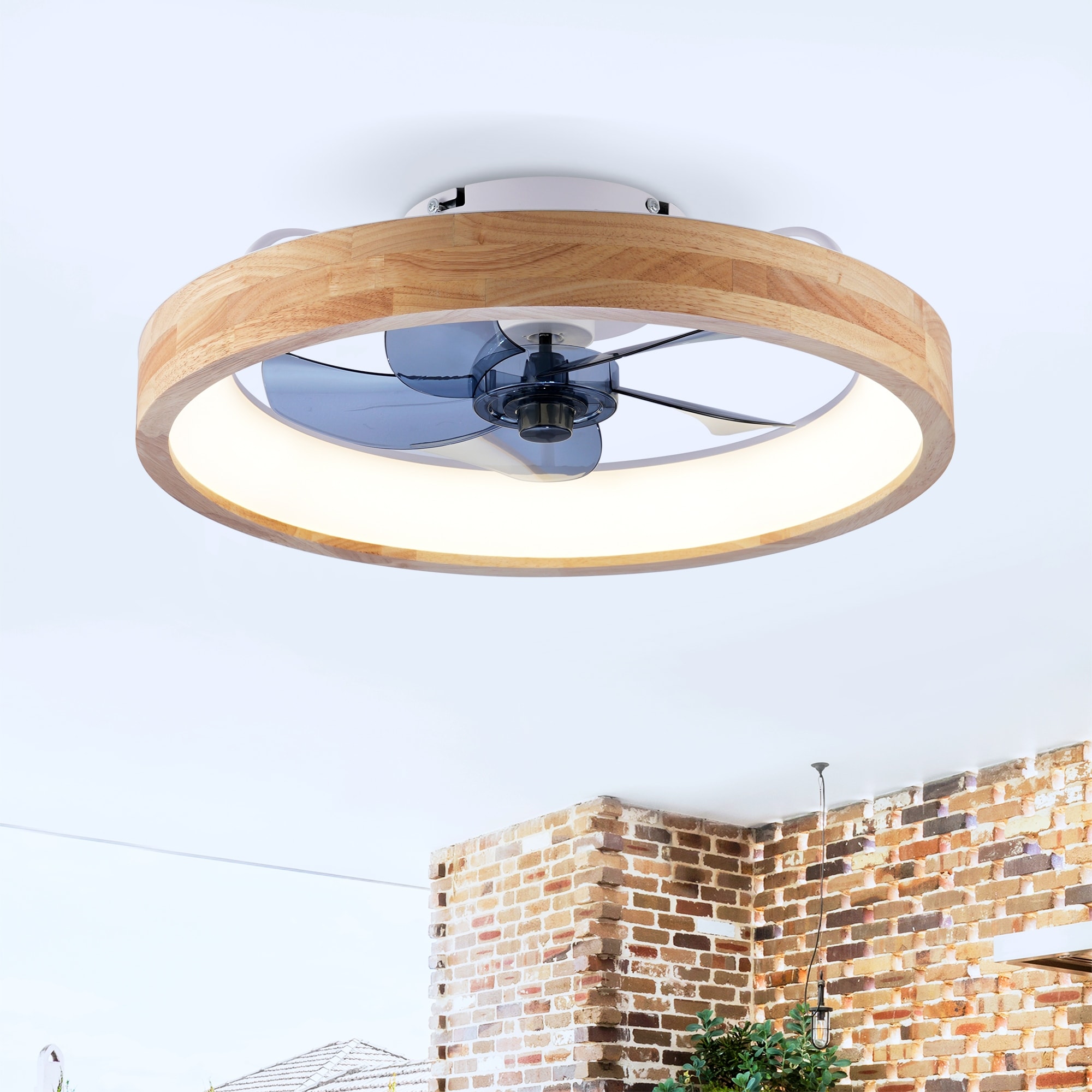20" Farmhouse Natural Wood Flush Mount Ceiling Fan with Dimmable LED Light and Remote