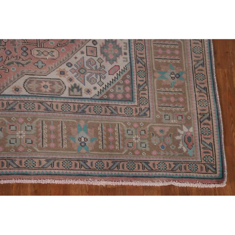 Pink Geometric Tabriz Persian Vintage Area Rug Handmade Wool Carpet - 7'10" x 11'0"