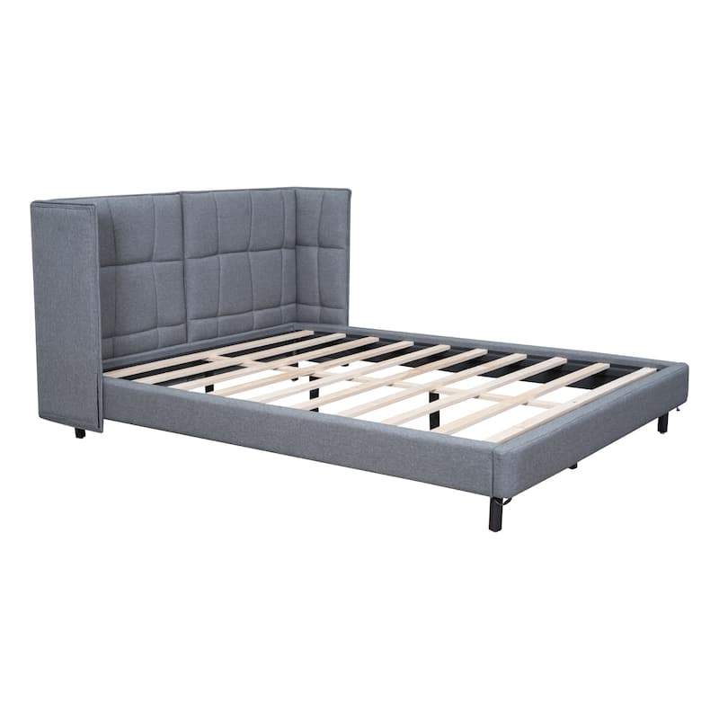 HomeRoots Gray Tufted Upholstered Queen Bed Frame With LED Lighting And USB