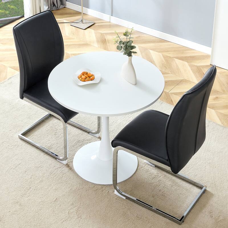 Roomfitters 3pcs Small Round Dining Table Set with PU Upholstered Chairs and Silver Arched Legs