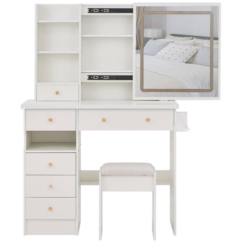37" Middle Size Left Drawer Desktop Vanity Table + Cushioned Stool Dresser Set, Large Touch Control LED Sliding Mirror