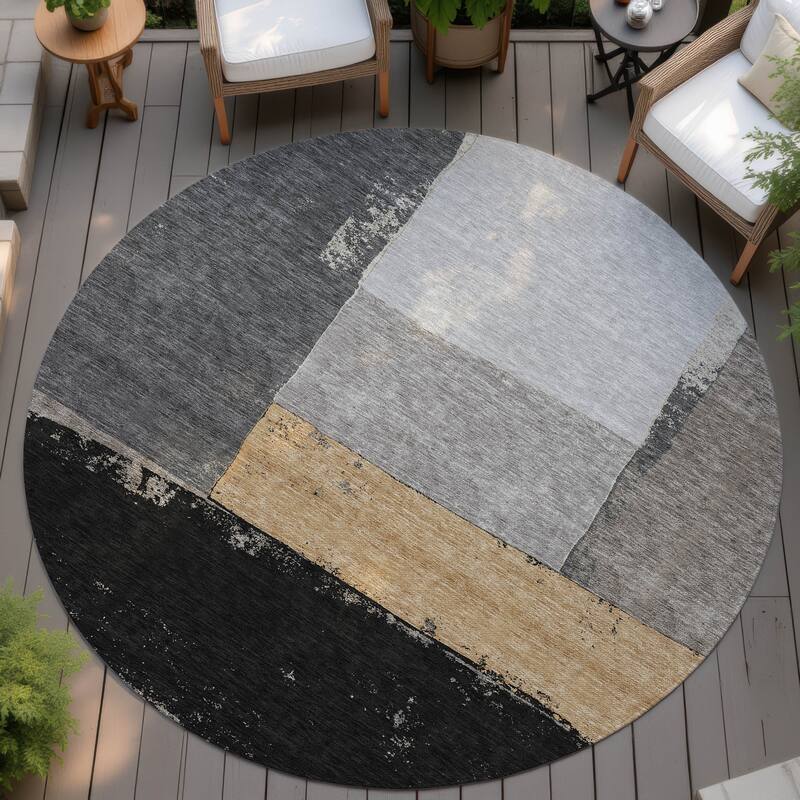 Machine Washable Indoor/ Outdoor Abstract Kraig Chantille Rug - Black - 8' x 8'
