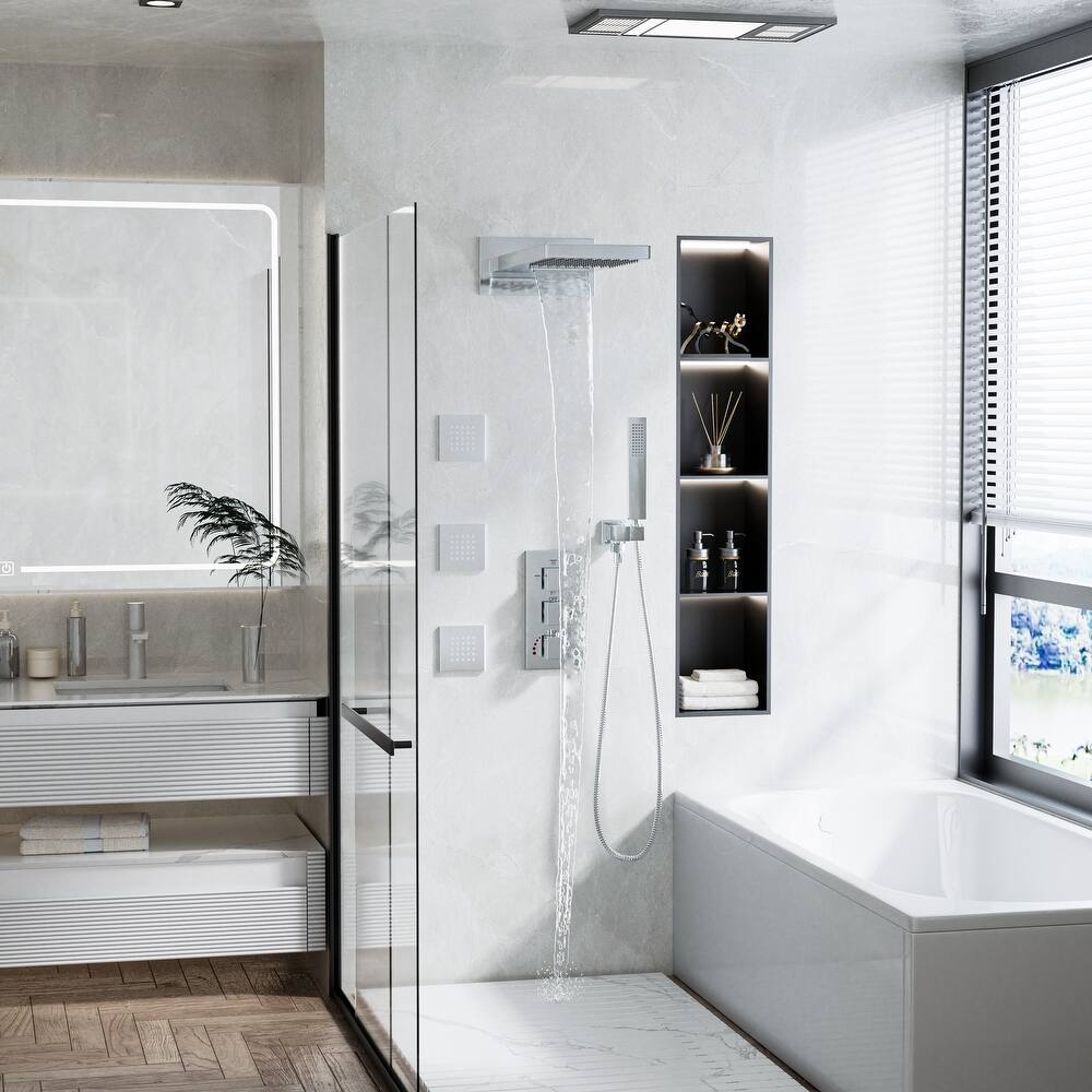 Modland 4-Function Thermostatic Shower System - Wall-mounted, WRAS Valve, 3 Jets, Matte Black/Gold/Nickel/Chrome