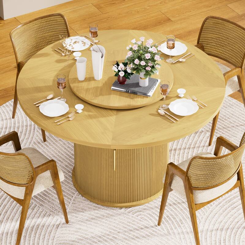 55" Round Wooden Dining Table with Rotating Tray