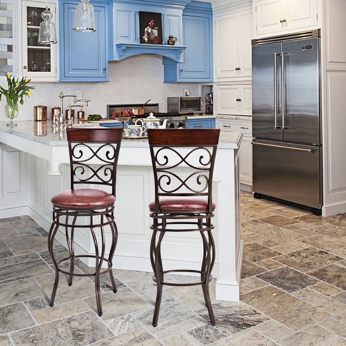 Set of 2 Vintage Bar Stools Swivel Padded Seat Bistro Dining Kitchen Pub Chair 
