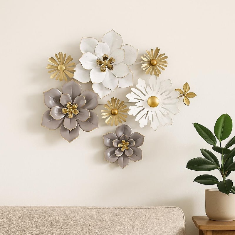 Floral Metal Wall Art Vertical White Gold 3D Flower Accent 36"x19"