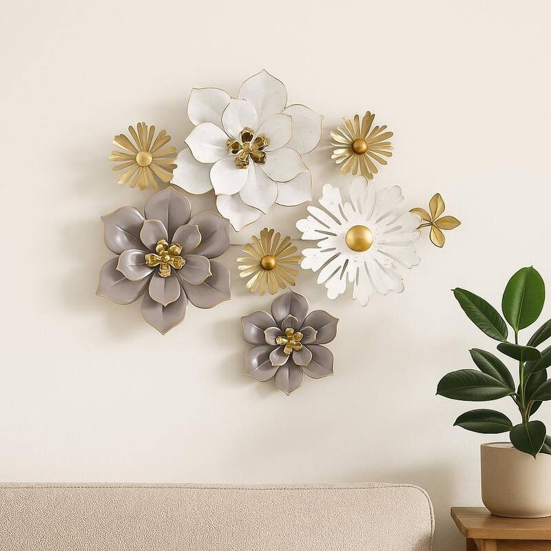 Floral Metal Wall Art Vertical White Gold 3D Flower Accent 36"x19"