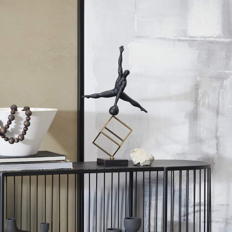 Marble Gymnast Decorative Sculpture with Gold Cube Base - Black - Roche River Decor