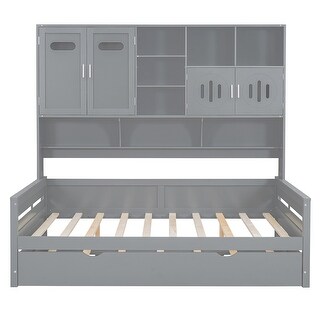 Full Wooden Daybed With Size Trundle and All-in-One Cabinet, Grey