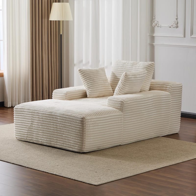 Oversized Chaise Lounge Corduroy Upholstered Sleeper Sofa Chair Cozy Cloud Couch Daybed with 3 Pillows - White