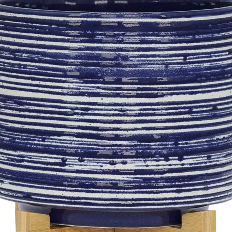 Sagebrook Home Striped Ceramic Planter with Wooden Stand Indoor/Outdoor