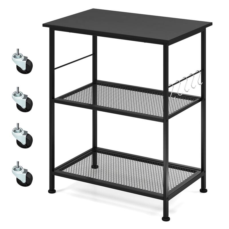 3 Tier Rolling Kitchen Cart with Hooks and Wheels for Storage and Utility