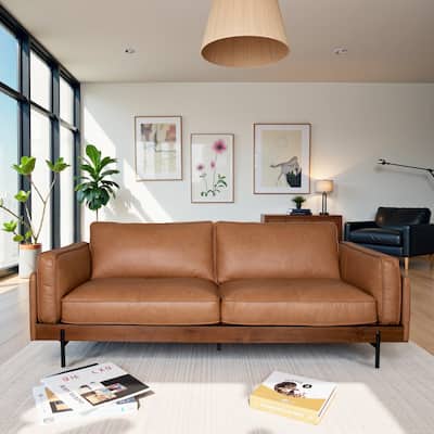 Waukegan Stylish & Comfortable Top Grain Leather Sofa with Plush Cushions & Sleek Legs