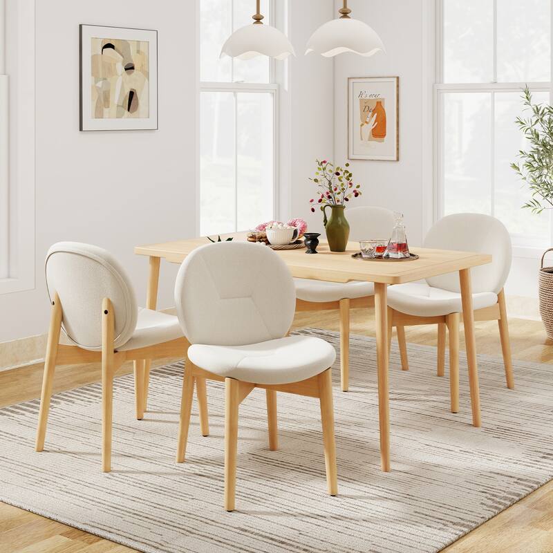 White-Natural Rubber Wood Dining Chair Set of 2 with Boucle Cushion and Ergonomic Design - 20" x 24" x 33"