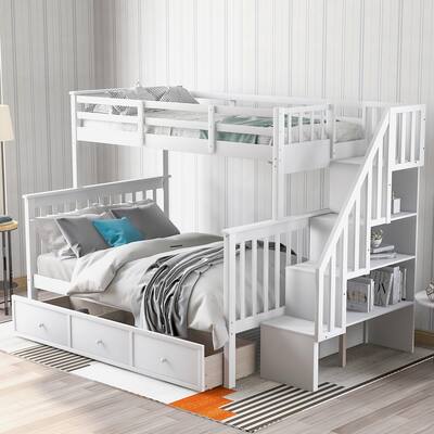 Twin-Over-Full Pine Bunk Bed with Staircase and Drawer
