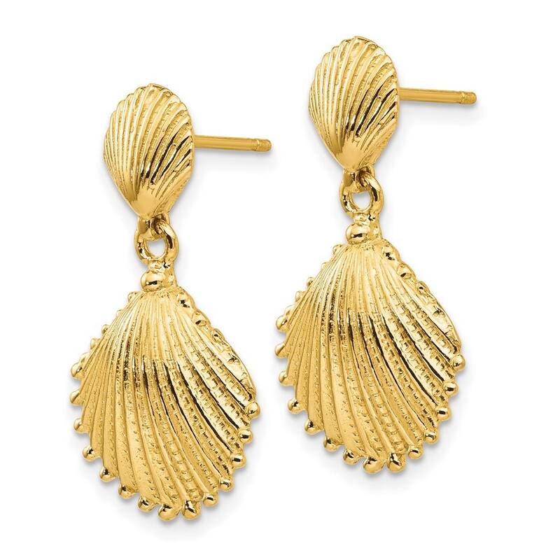 Curata 14k Yellow Gold Textured Scallop Shell Dangle Post Earrings 26x15mm