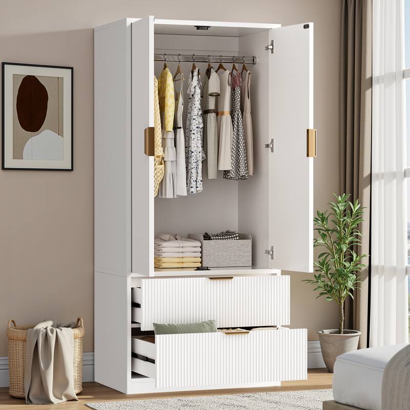 Pocassy 70" H Wardrobe Closet with 2 Doors and 2 Drawers for Bedroom