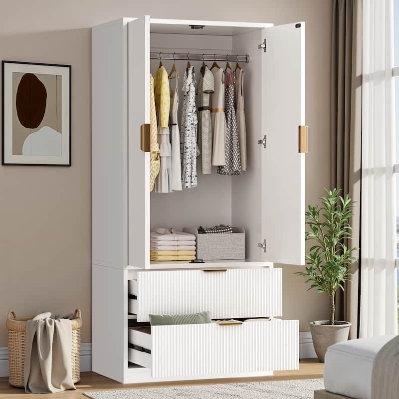 Pocassy 70" H Wardrobe Closet with 2 Doors and 2 Drawers - White