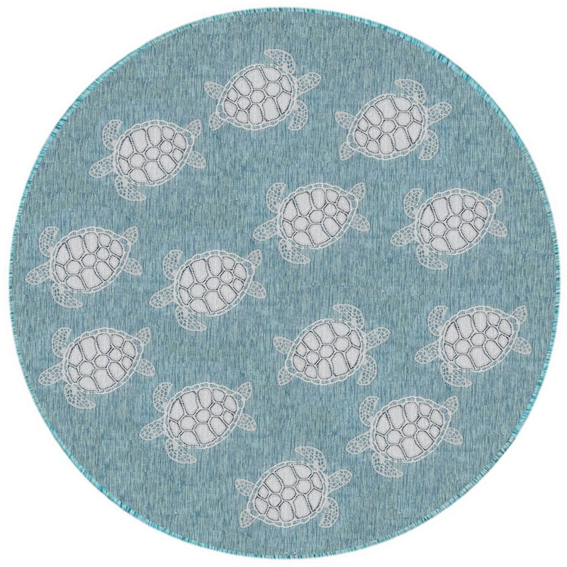 Liora Manne Carmel Collection Sea Turtles Indoor/ Outdoor Area Rug - 7'10" Round - Aqua