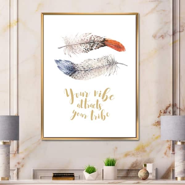 slide 1 of 11, Designart 'Two Feathers Your VIbe Attracts Your Tribe' Bohemian & Eclectic Framed Canvas Wall Art Print