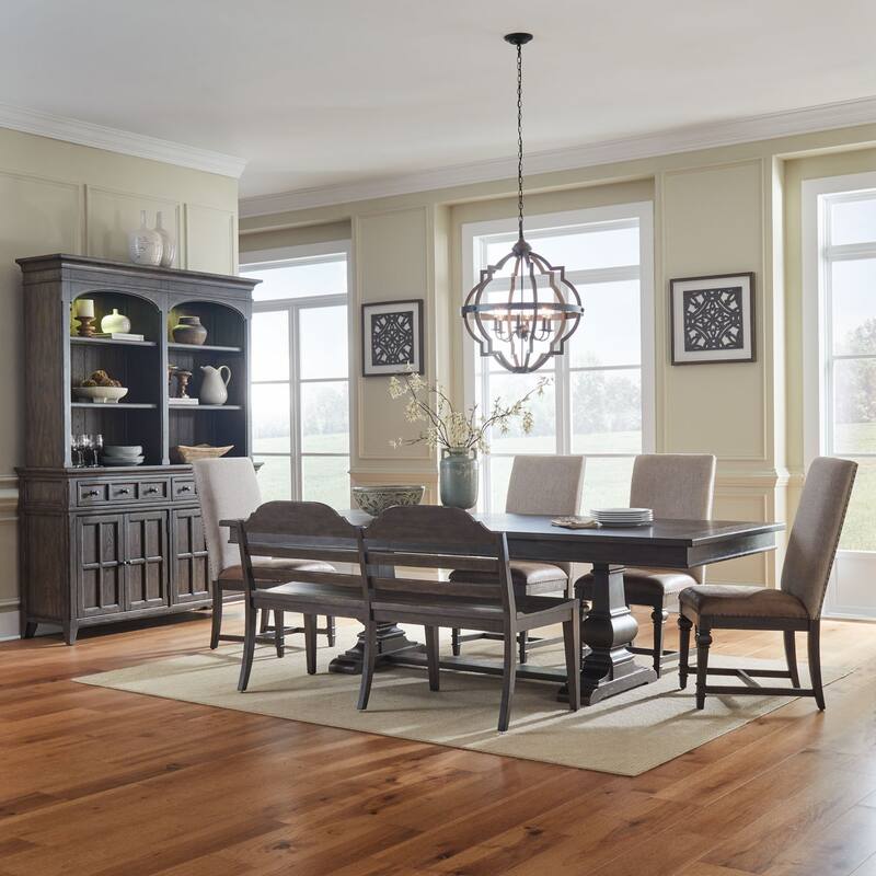 Paradise Valley Saddle Brown Trestle Table Set - 6-Piece Set - Upholstered Chairs