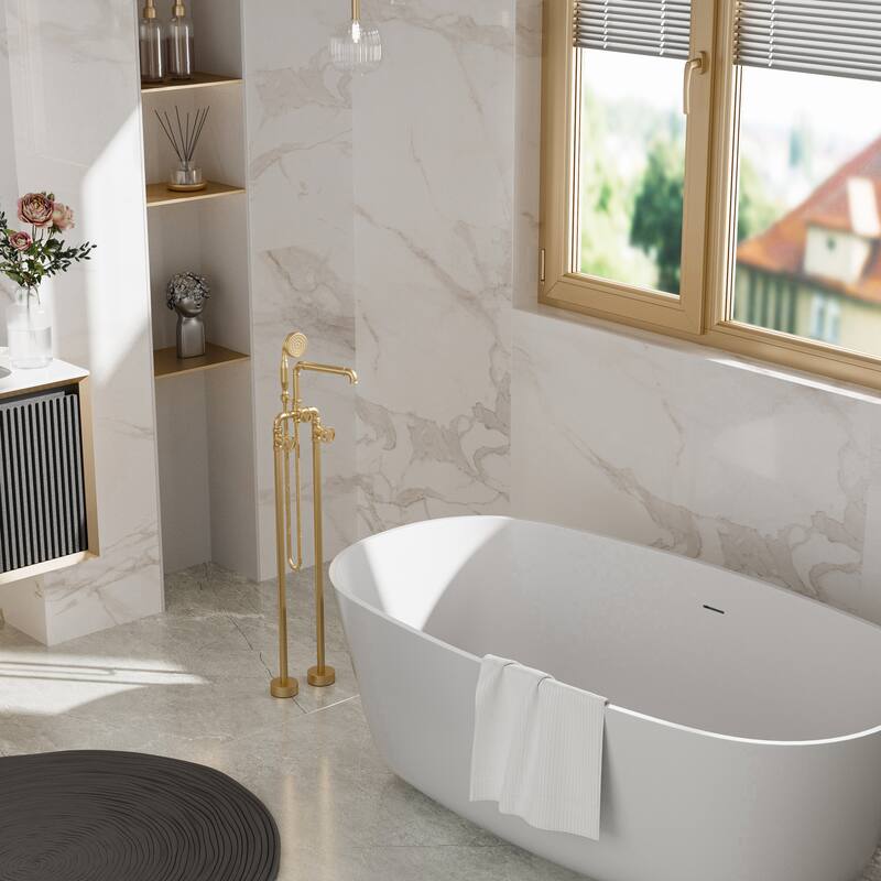 Modland 42''H Floor Mount Bathtub Faucet Freestanding Tub Filler With Handheld Shower In Black / Gold