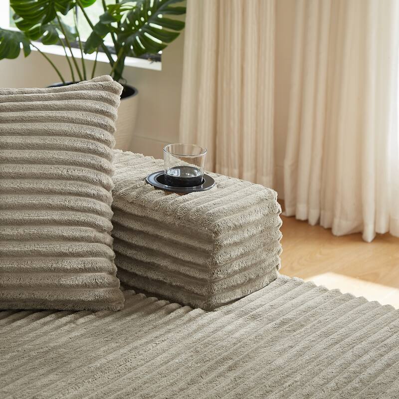 U-Shaped Modular Sectional Sofa Set, Compressible Corduroy Deep-Seat Sofa, Large 6 Seat Sofa with Cup Holders & Ottoman