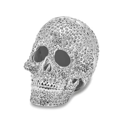 Curata Pewter Crystals Silver-Tone Enameled Treasure Trove Full Crystal Skull Trinket Box on 18 Inch Necklace