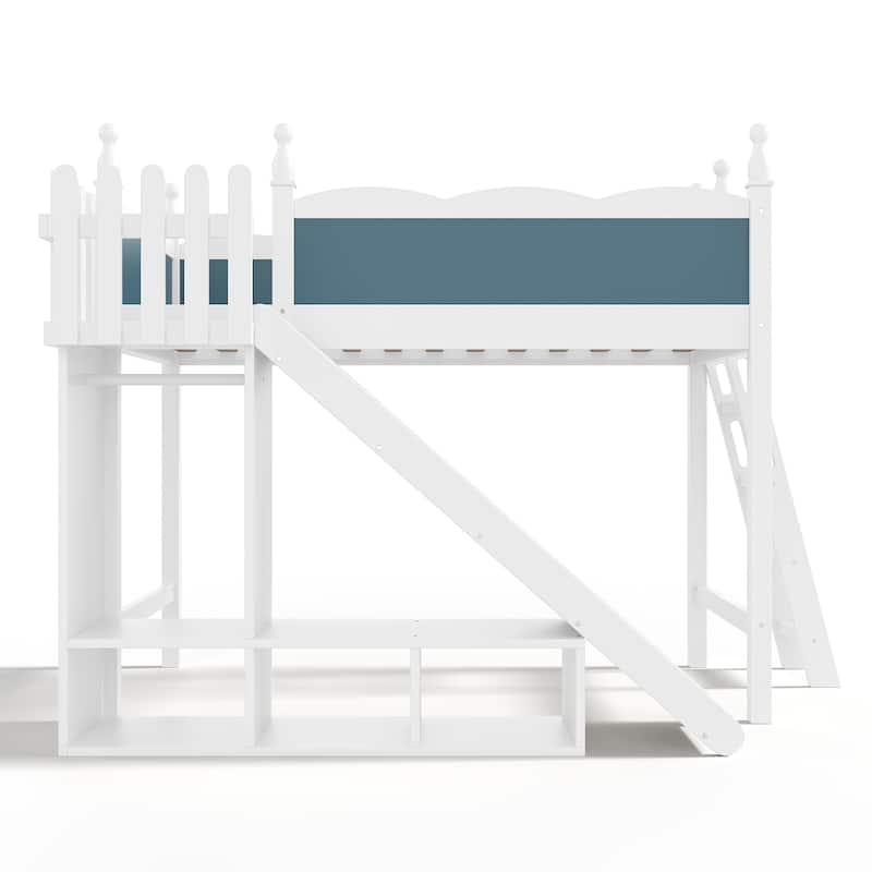 Twin Loft Bed with Storage Shelves and Wardrobe, Solid Wood Loft Beds with Detachable Slide and Ladders, No Spring Box Needed