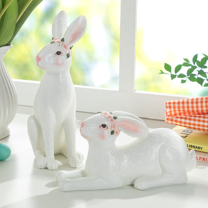 Glitzhome Set of 2 Easter Resin Bunny Table Decor Rabbits Figurines Party Ornaments