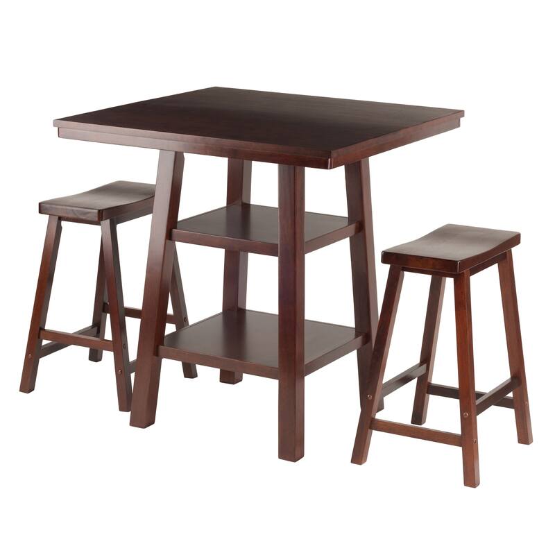 3 Piece Pub Table Set with Wooden Stools and Built In Storage for Small Spaces - 33.8"W x 33.8"D x 36"H