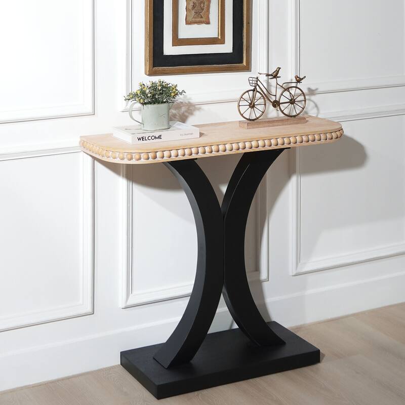 Elegant Half-Moon Console Table with Bead Trim, Versatile Wood Entryway Table with Natural Rounded Tabletop and Black Base