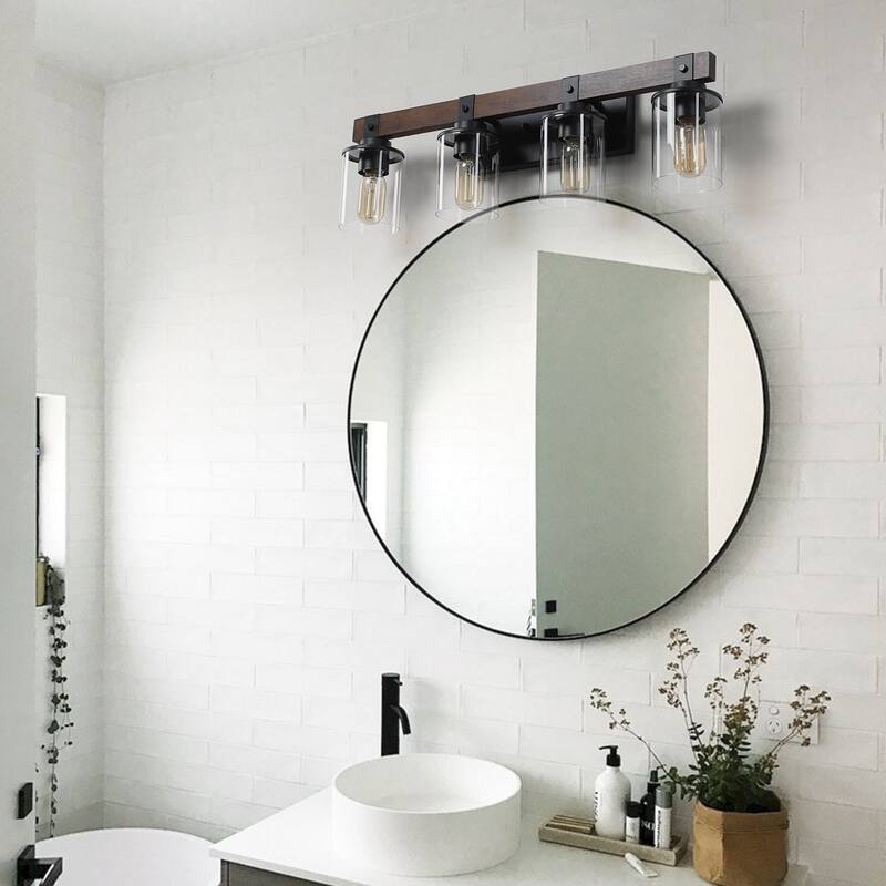 27" Rustic 4-Light Vanity Light, Industrial Bathroom Wall Sconce with Glass Shades and Wood Accent (No Bulbs) - Walnut - Walnut