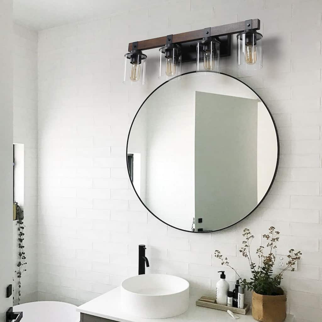 27" Rustic 4-Light Vanity Light, Industrial Bathroom Wall Sconce with Glass Shades and Wood Accent (No Bulbs) - Walnut