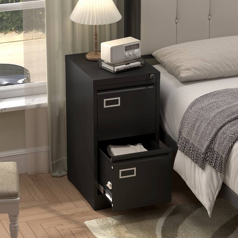 Modern 2-Drawer Filing Cabinet, Vertical File Cabinet with Lock and Silent Slide Rail Adjustable Rod, for Home Office - Black