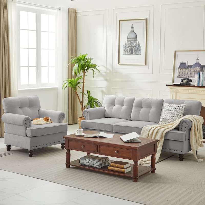 Set of 2 Pieces, A 3-seat Sofa and An Armchair, Chenille Sofa Set for Living Room - Light Grey - 2 Piece