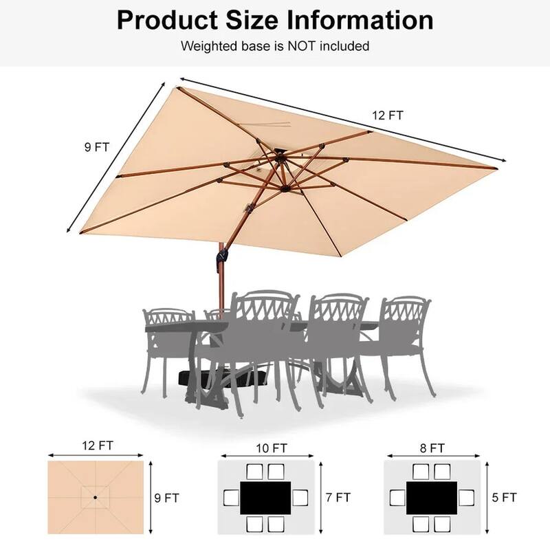 PURPLE LEAF 9/10/11ft Square 09x12ft Rectangle Wood Pattern Patio Outdoor Cantilever Umbrella with Base