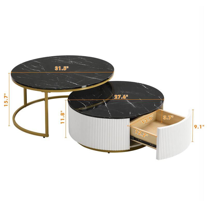 Modern Round Nesting Coffee Table with Drawer and Gold Base for Living Room