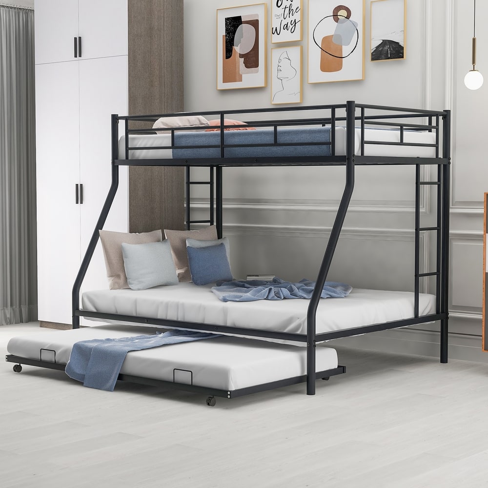 Bed with Sturdy Steel Frame, Bunk Bed with Twin Size Trundle, Two-Side Ladders