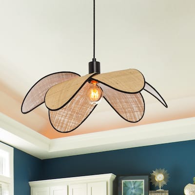 Dorothea River of Goods Tan and Black Metal and Raffia 6-Piece Dome Shade 19-Inch Pendant Light - Tan/Black - 19" x 19" x 9/57"