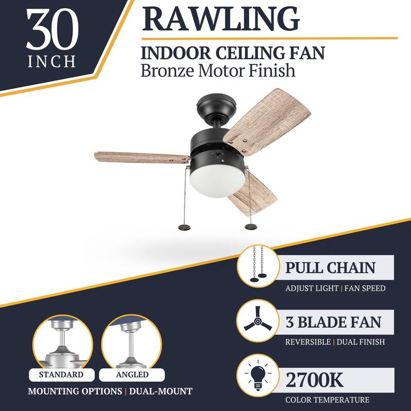 30" Prominence Home Rawling Bronze Contemporary Indoor LED Ceiling Fan with Light, Pull Chain - 30