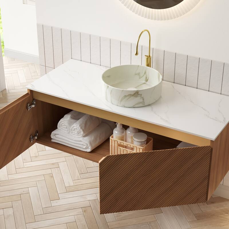 GDFStudio - Ruben Modern Floating Bathroom Vanity with Twill Double Doors & Vessel Basin, WITHOUT Faucet