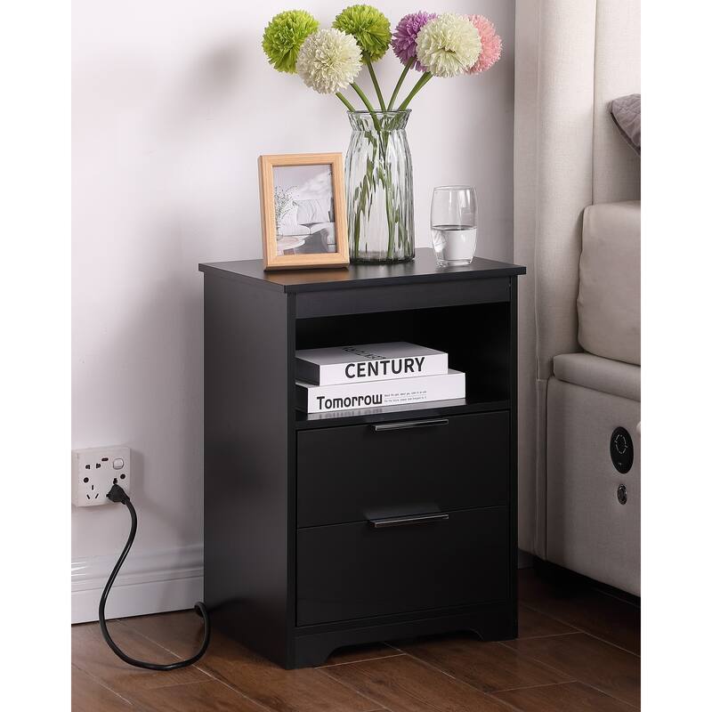 Modern Nightstand with Charging Station, Dual Drawers, and Open Shelf, Black Wooden Side Table
