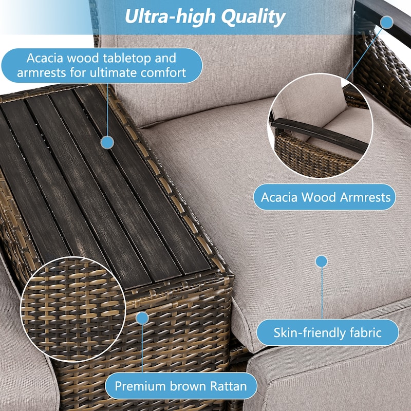 Adjustable Backrest Patio Recliner Wicker Outdoor Lounge Chair Set with Acacia Wood Armrests and Built-in Storage Table