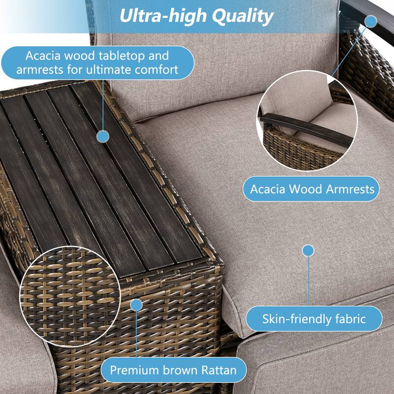 Outdoor Patio Recliner Loveseat Chair with Adjustable Backrest, All Weather 2 Seater PE Wicker Lounge Chair with Storage Box