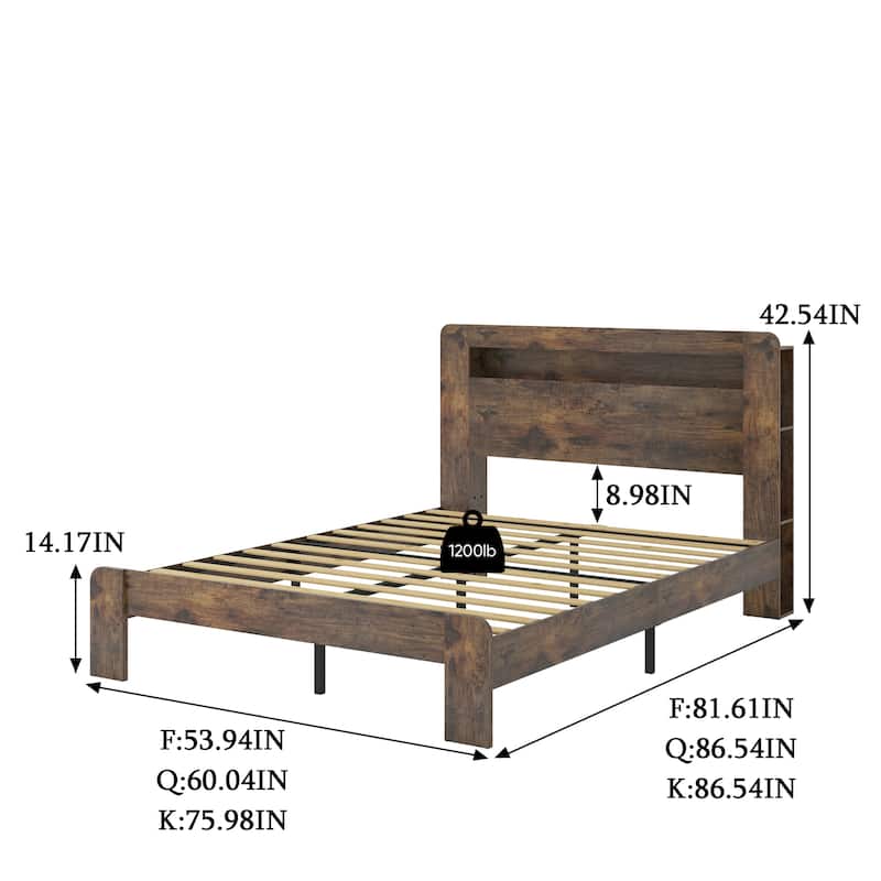 Wood Platform Bed Frame with Storage LED Light, King/Full/Queen Bed