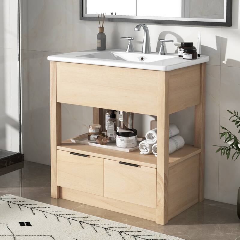 36" White Bathroom Vanity Cabinet with Ceramic Sink,Versatile Storage - Natural