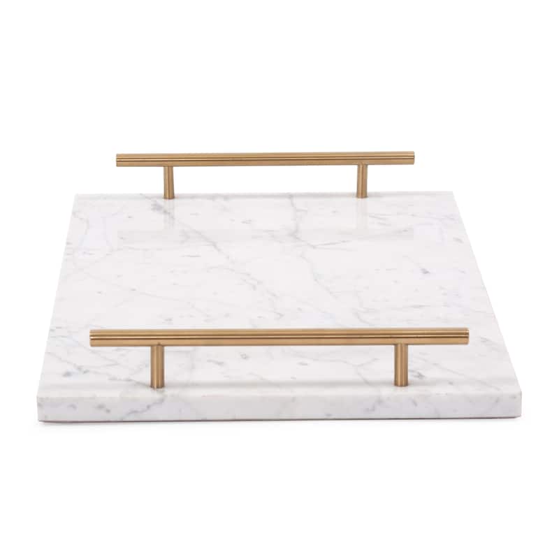 Allan Andrews White Marble Tray with Brushed Brass Handles